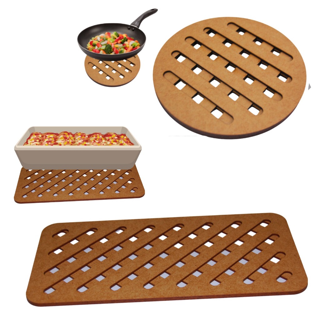 Kit com 8 Descansos de panela + 4 Suporte de travessas para Apoio De Mesa, Cozinha, Design, MDF