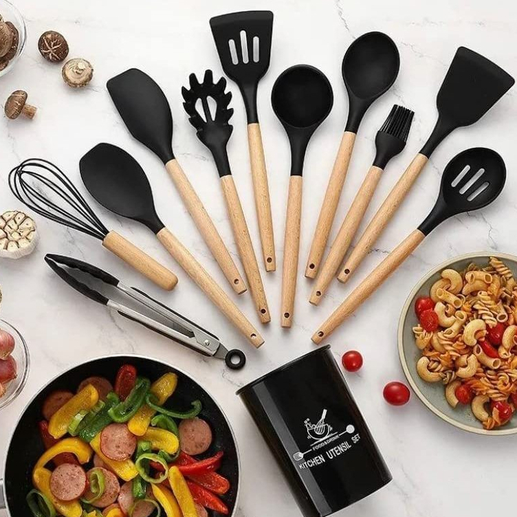 Jogo de Cozinha Kit C/12 Peças de Silicone, Utensílios e Copo Suporte para Cozinha Cabo de Madeira