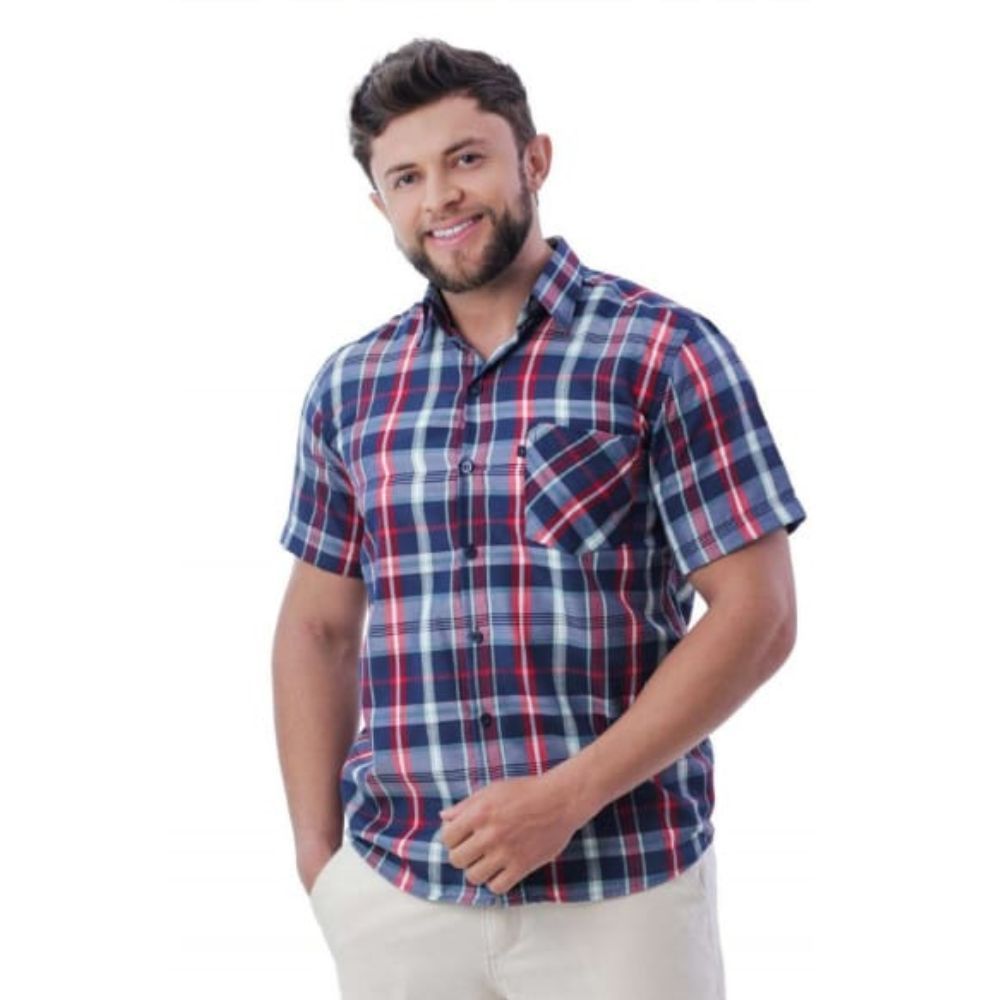 Camisa Social Masculina Xadrez Manga Curta Comfort Com Bolso
