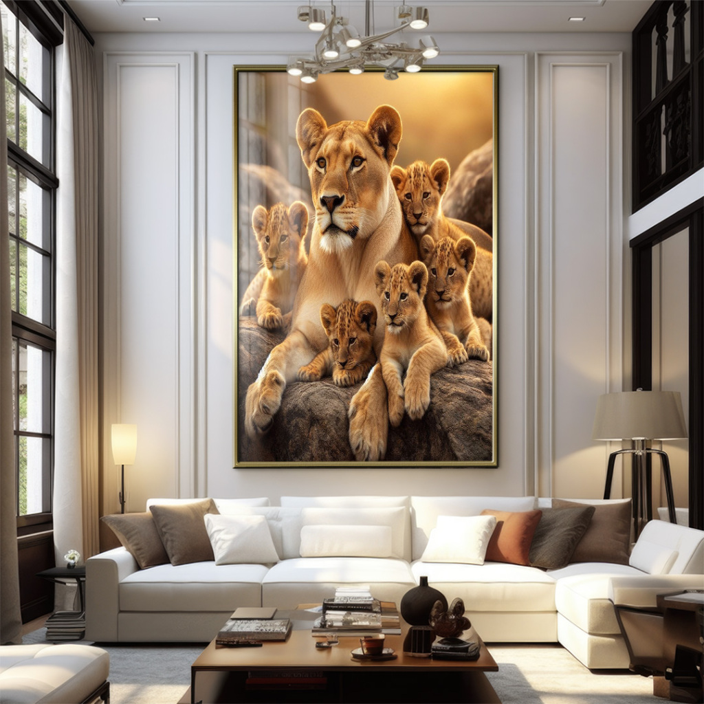Quadro Decorativo GRANDE Alta Resolução Para Sala Quarto Escritório Leoa com cinco filhotes vertical em Oferta na Shopee