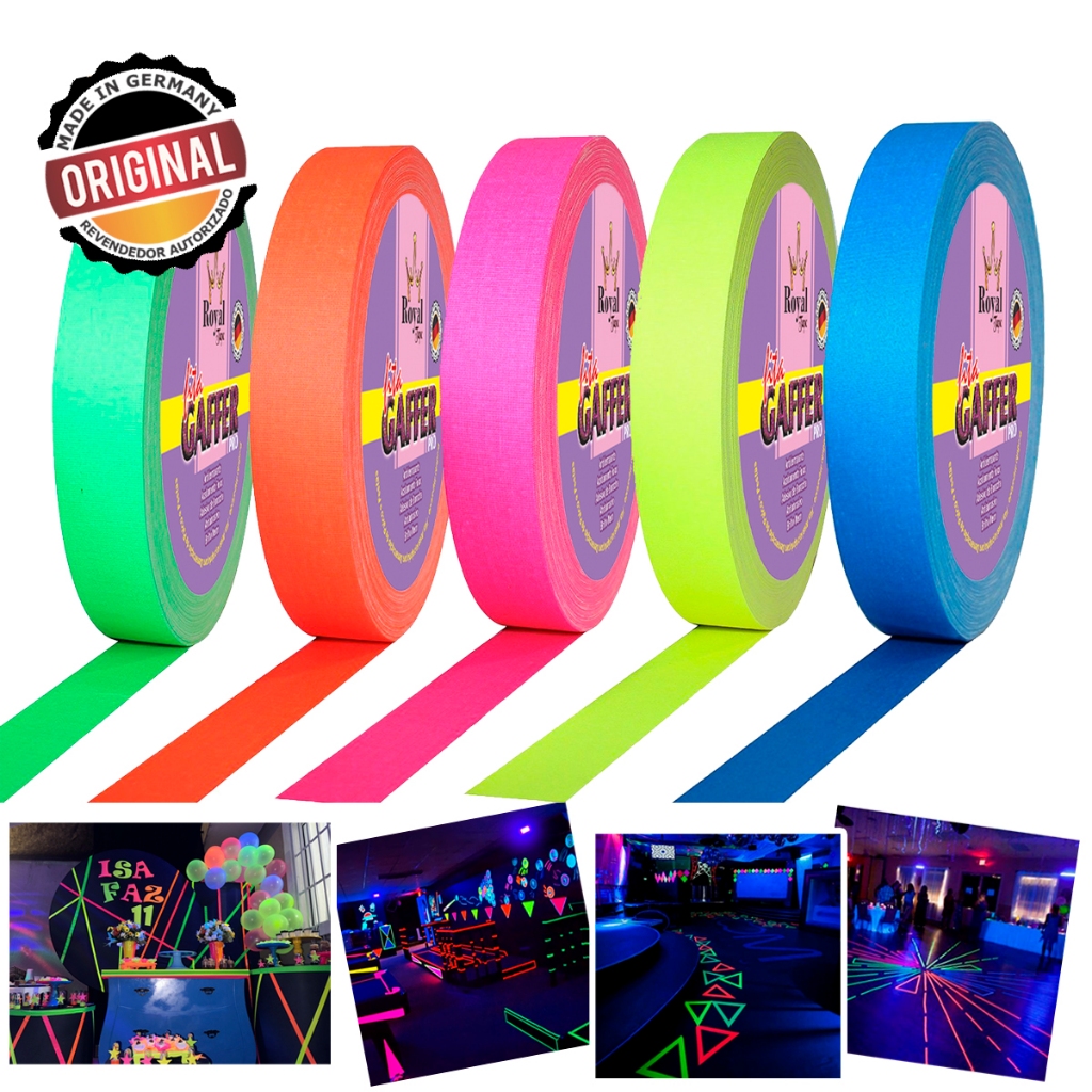 Fita Gaffer Tecido Kit 5 Cores 12mm x 5mts Efeito Neon Fluorescente Na Luz Negra Decorar Festas Balada Cha de Cozinha de Bebe Profissional  Demarcaçao de Palco  Eventos Sinalizaçao Nao Deixa Residuos UV Tape Reactive Blacklight Produto Original Alemanha em Oferta na Shopee