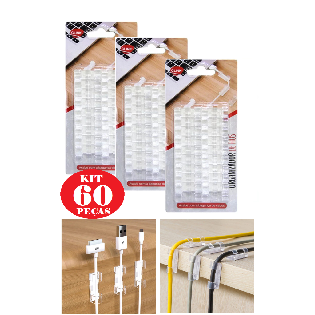 Kit c/60 Clips Fixador Organizador de Fios e Cabos Autoadesivo
