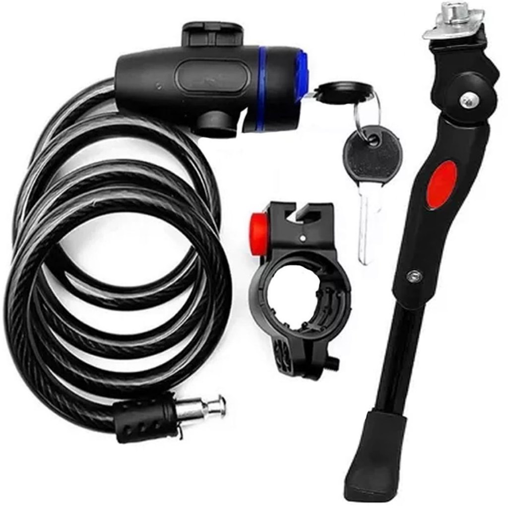 kit Trava Cabo De Aço Cadeado Segurança Bike Moto Com Chave Espiral Anti-Roubo Com suporte + Descanso Pezinho Com Regulagem Para Bike 20 A 29 Bicicleta Central