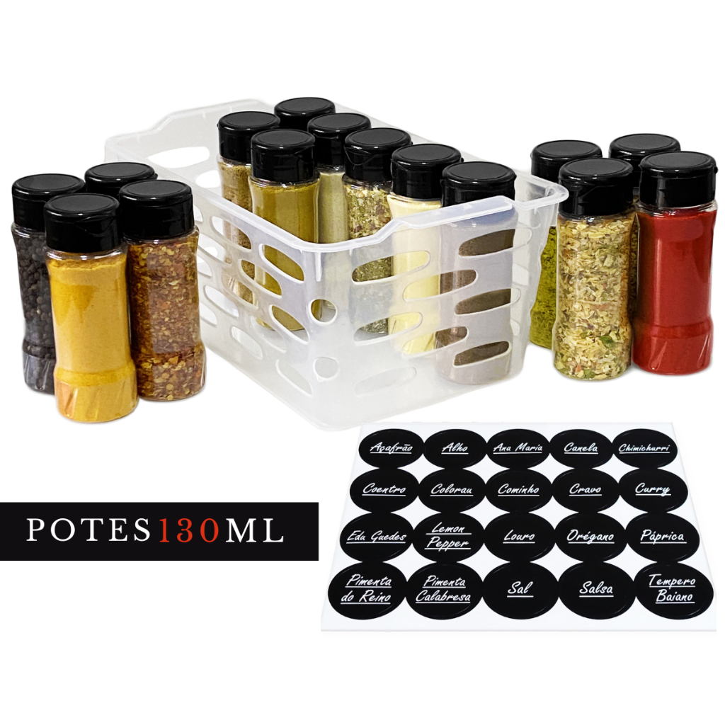 15 Potes De Plástico Para Condimentos Temperos Com Cesto Versátil + Etiquetas em Oferta na Shopee