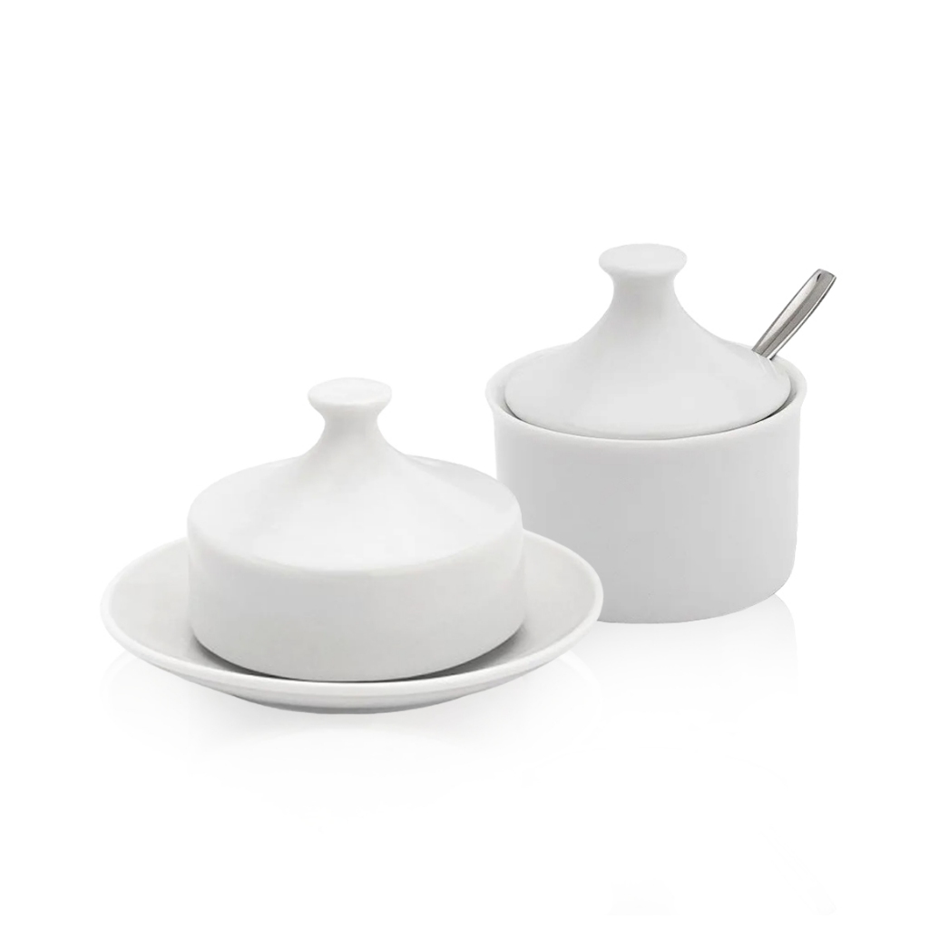 Kit Açucareiro + Manteigueira Mesa Café Porcelana Restaurante Ceramica Branca Mantegueira