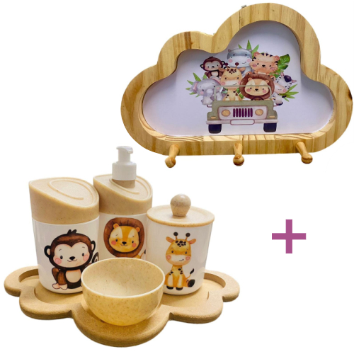 Kit Higiene Bebê Safari + Cabideiro Nuvem Infantil em Pinus