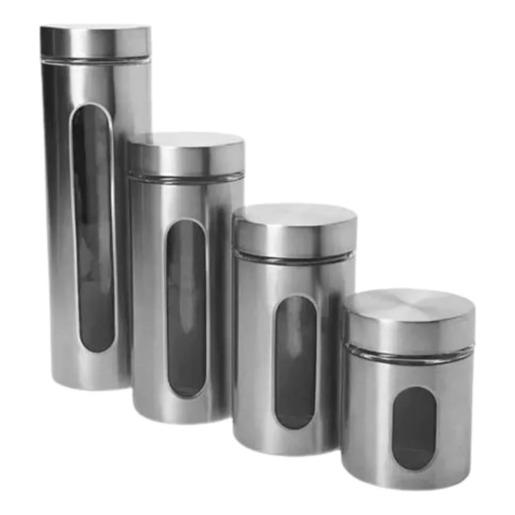 4 Potes Mantimentos Condimentos Vidro Inox Conserva Com Visor