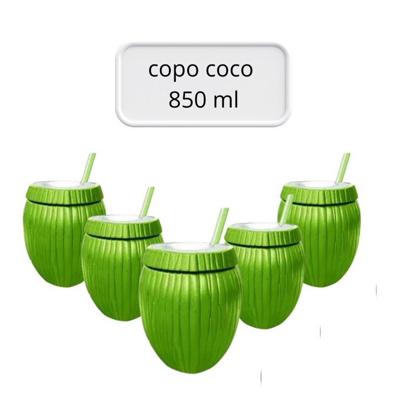 60 Copo Coco Verde Com Canudo Plástico Grande 850 ml Injetemp