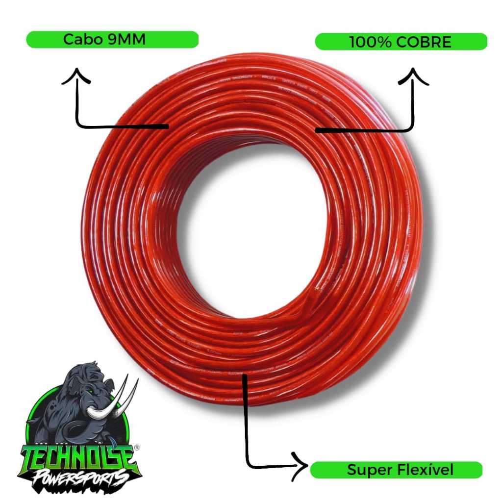 Cabo Bateria 9mm 4mts 100% Cobre Fio Alimentação Automotivo Super Flexivel TechNoise