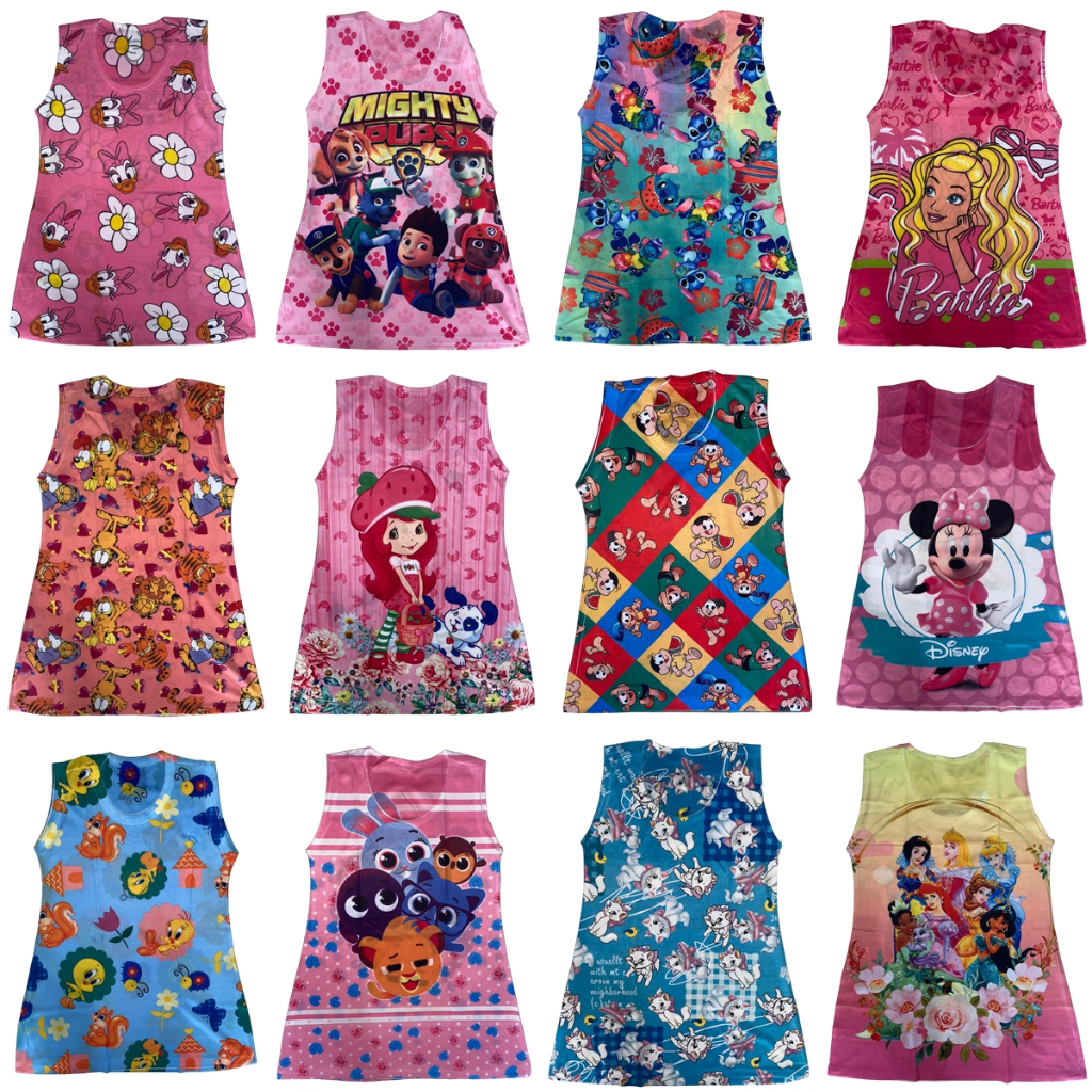 Kit 5 Vestido Infantil Temático de Personagem Sortidos Sem Manga