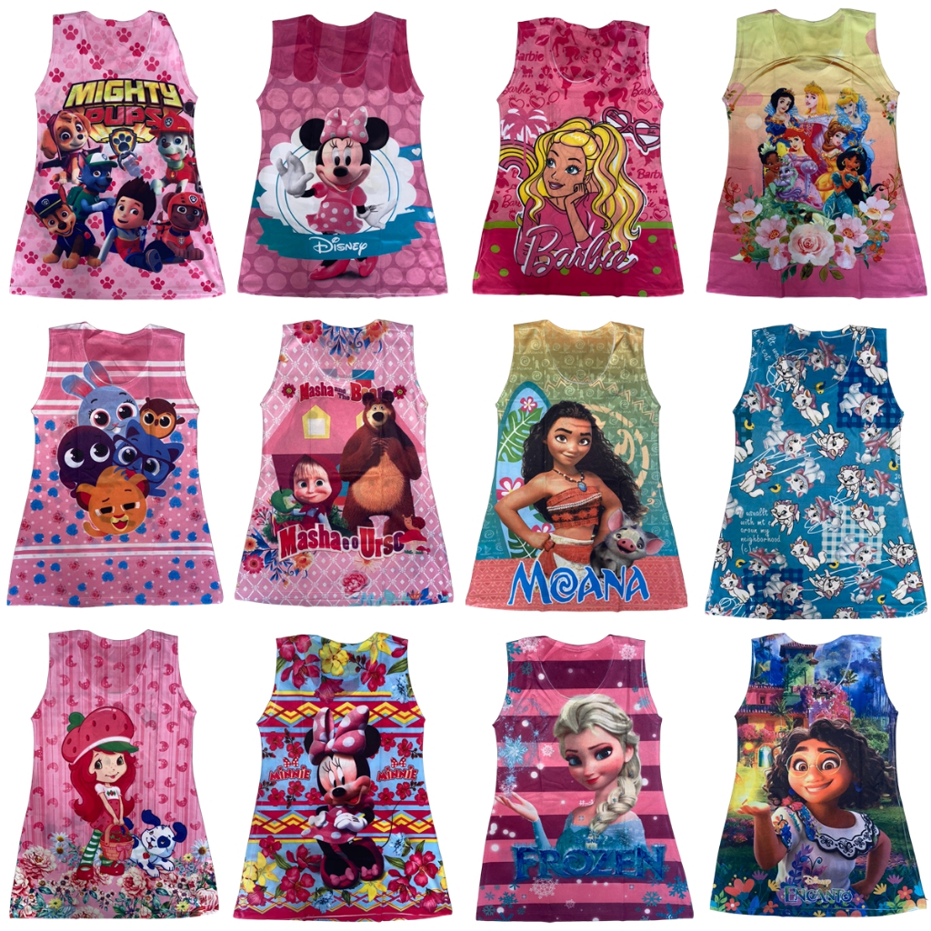 Kit 5 Vestido Infantil Temático de Personagem Sortidos Sem Manga em Oferta na Shopee