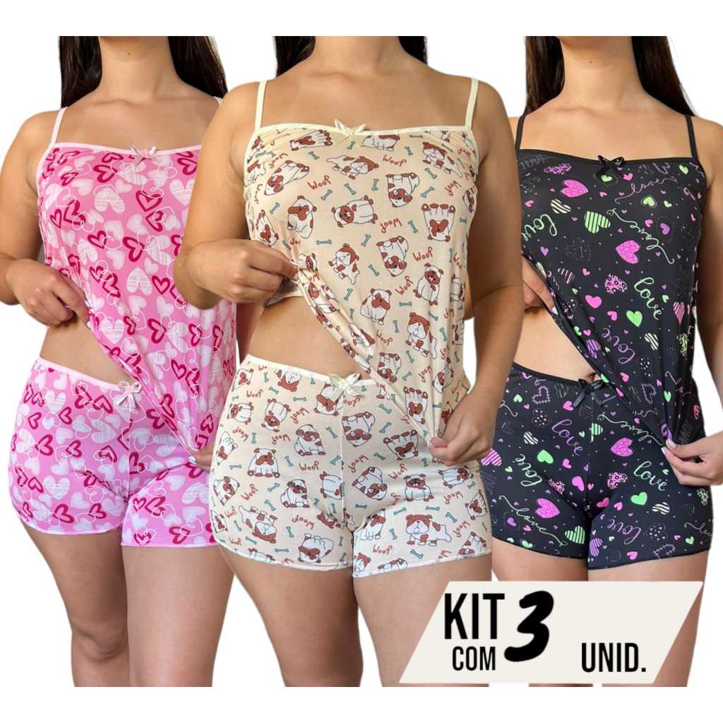 Kit 3 Conjuntos Baby Doll Pijama Feminino Adulto em Oferta na Shopee
