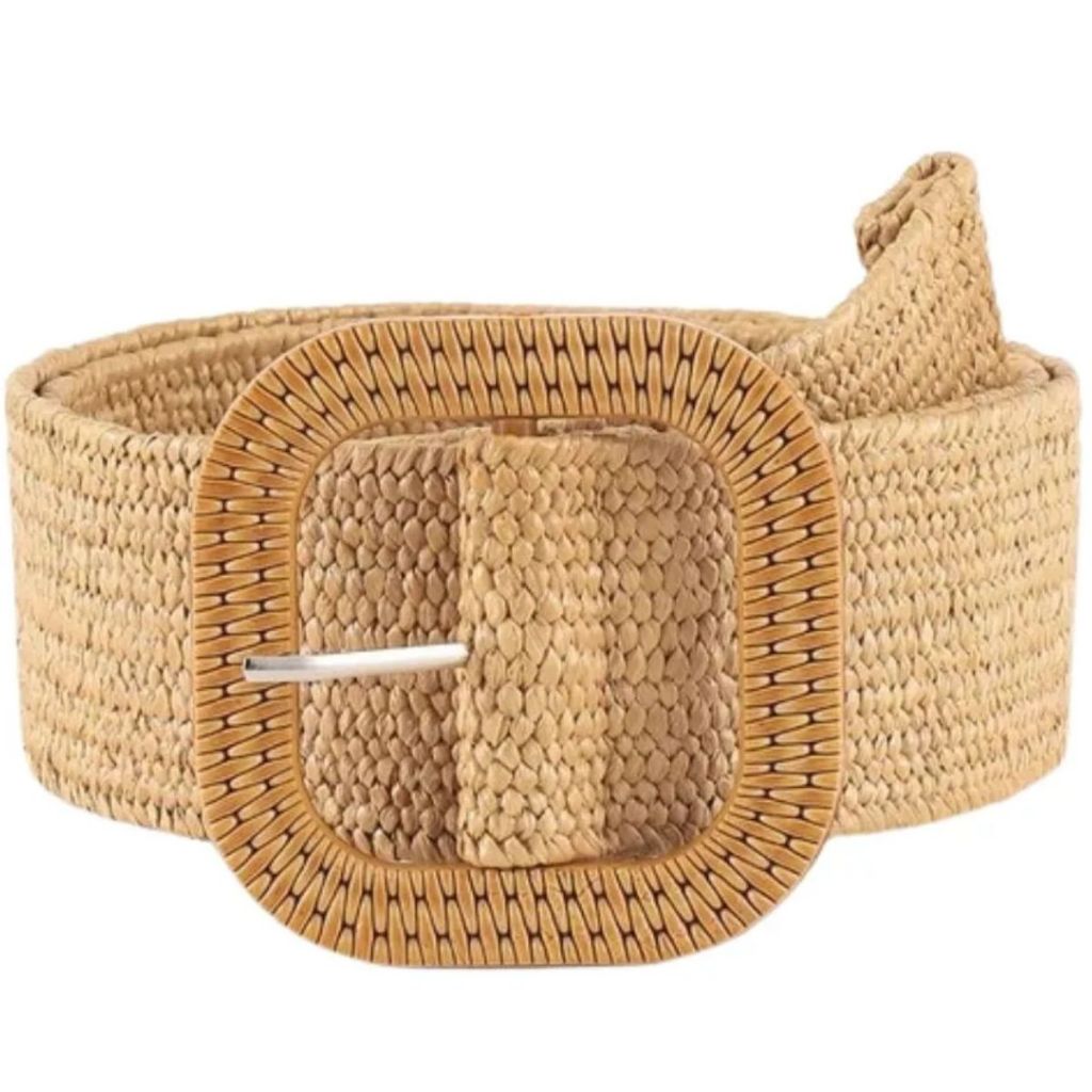 Cinto De Palha Feminino Cintura Elástica Com Fivela Quadrada