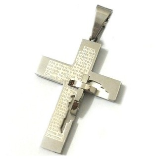 Pingente Crucifixo Grande C/ Oração Pai Nosso Prata Legítima