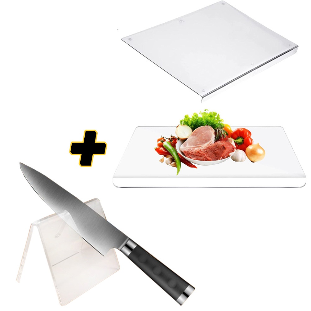 Kit Tábua de Corte Acrilico Taboa Tabua Temperado Para Carne Legumes e Frutas Churrasco + Suporte de Faca Faqueiro Organizado