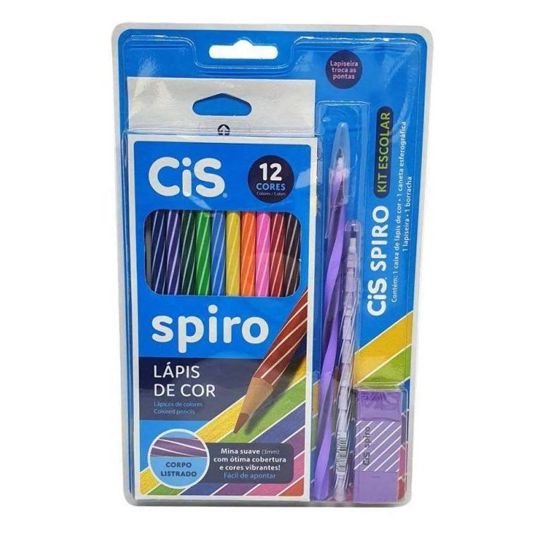 Kit Escolar Spiro-Lápis de Cor Caneta Lapiseira Borracha-Cis Escola Criança