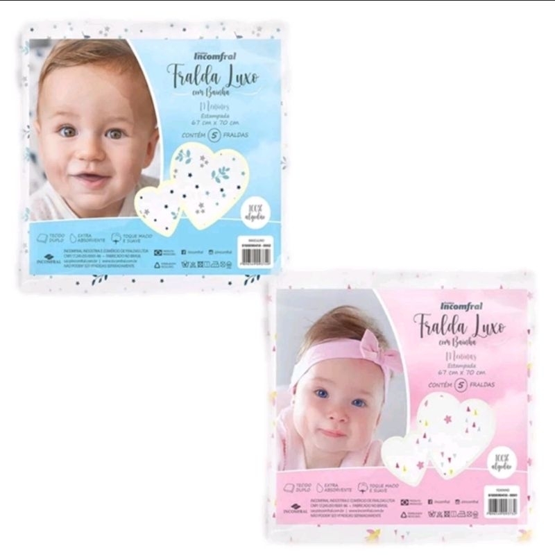 Fralda de pano dupla luxo com bainha estampada 5 unidades Incomfral em Oferta na Shopee