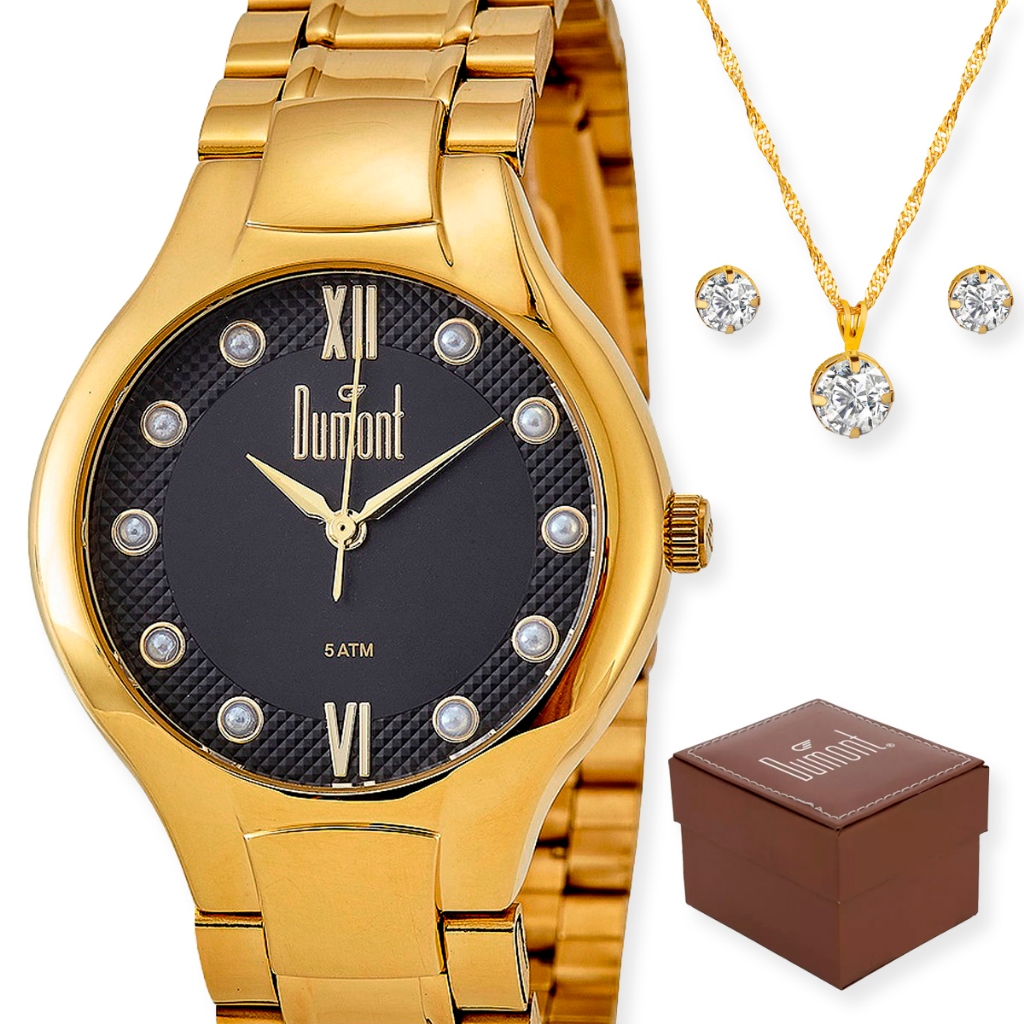 Relogio Dumont Feminino Dourado + Kit Du2035Lob/K4P em Oferta na Shopee