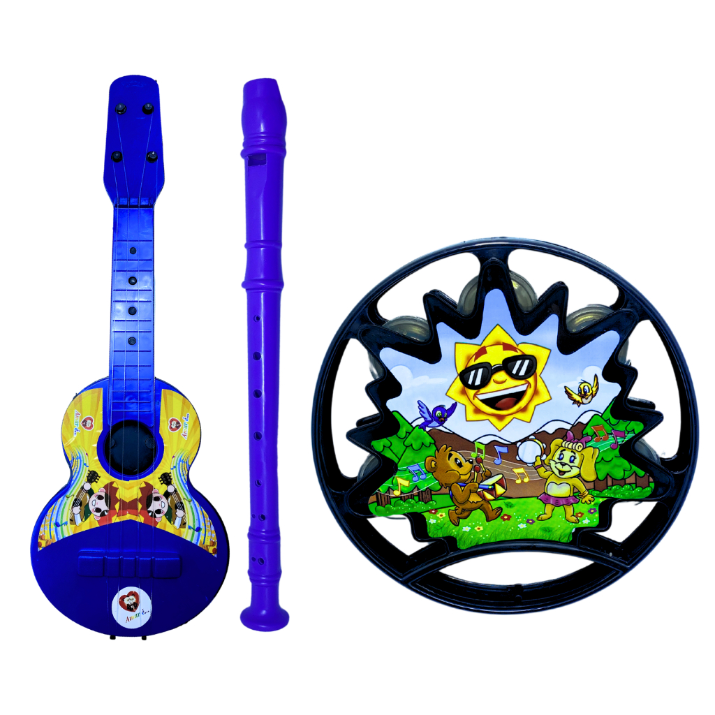 Kit Brinquedos Musicais Para Crianças Flauta, Pandeiro e Violão