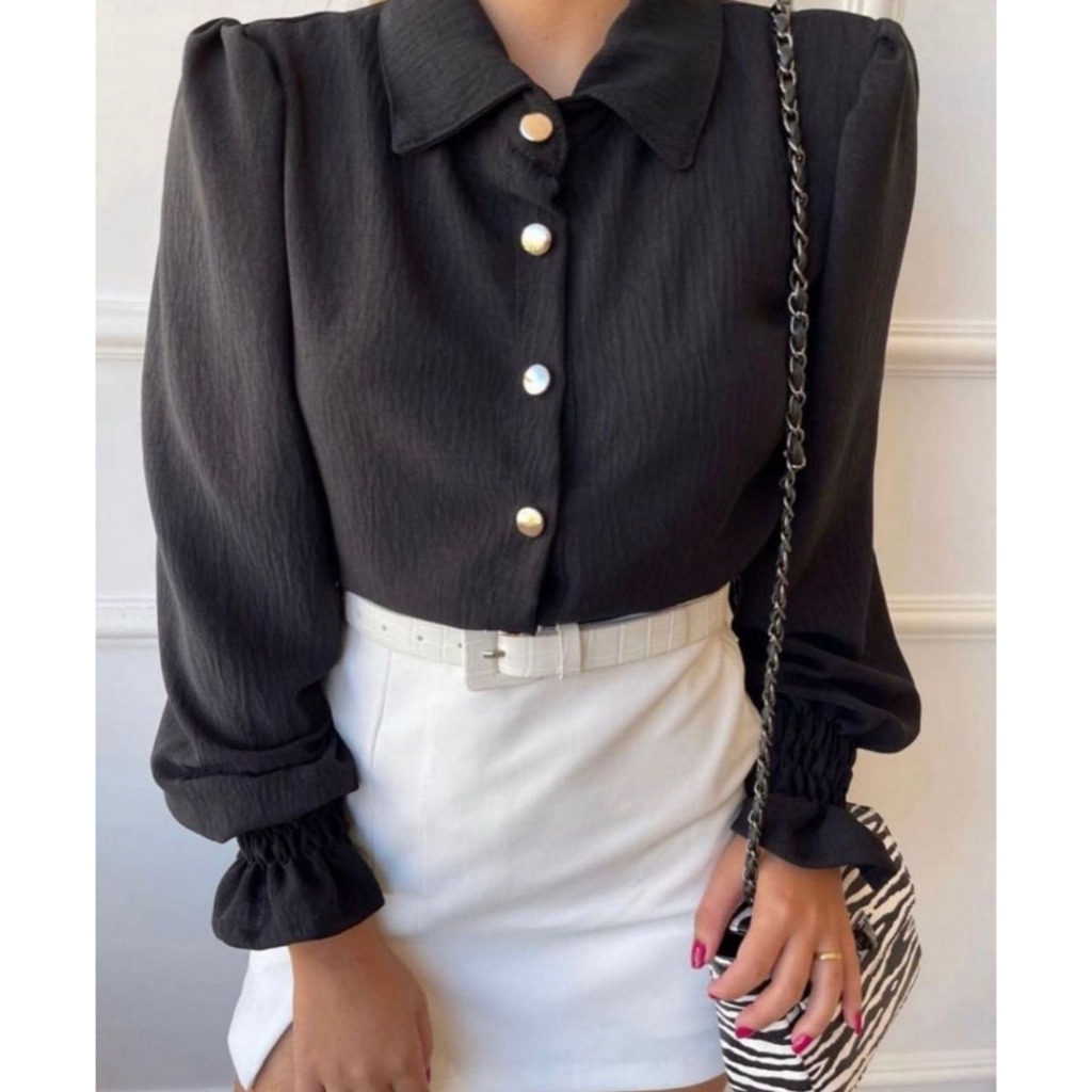 Blusa Feminina Camisa Cropped Manga Longa Social Sport Fino Leve Botões Em Duna Elegante Inverno Frio Várias Cores SUPER PROMOÇÃO Fashion Moda Mulher Look Feminino Para Trabalhar Casual Meia Estação Trabalho Escritório