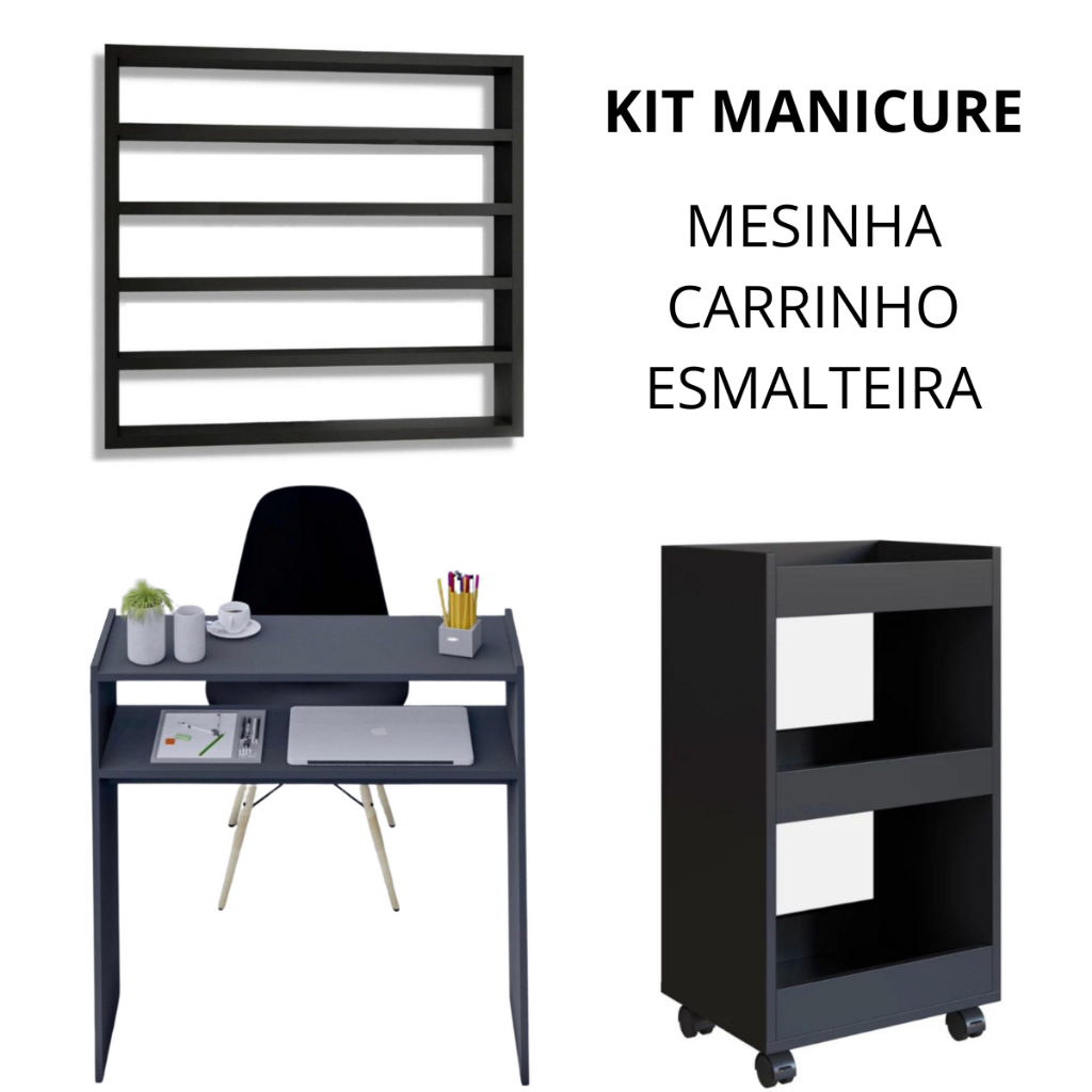 Kit Manicure Luxo Preto Bancada Mesa + Esmalteira + Carrinho Auxiliar