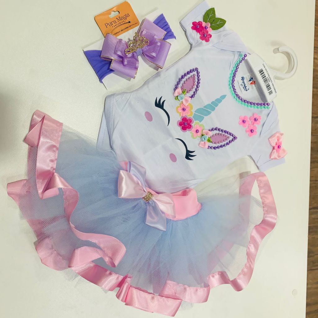 CONJUNTO DE TUTU INFANTIL UNICÓRNIO LUXO PARA MENINAS ROUPA E FANTASIA TEMÁTICA MESVERSÁRIO BEBE CANDY COLORS