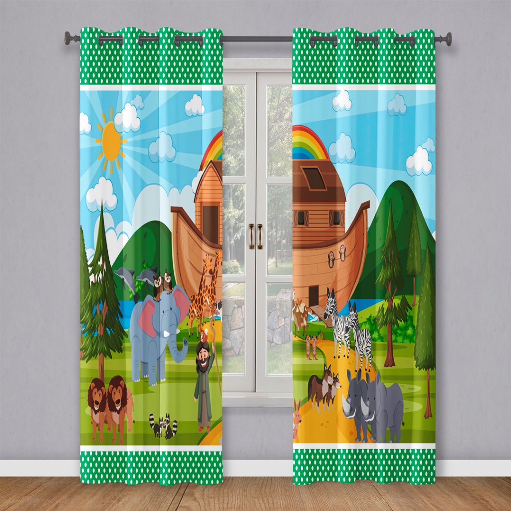 Cortina A Arca de Noe Animais 3 Metros e ou Trio Capas de Almofadas Decoração Para Quarto Infantil
