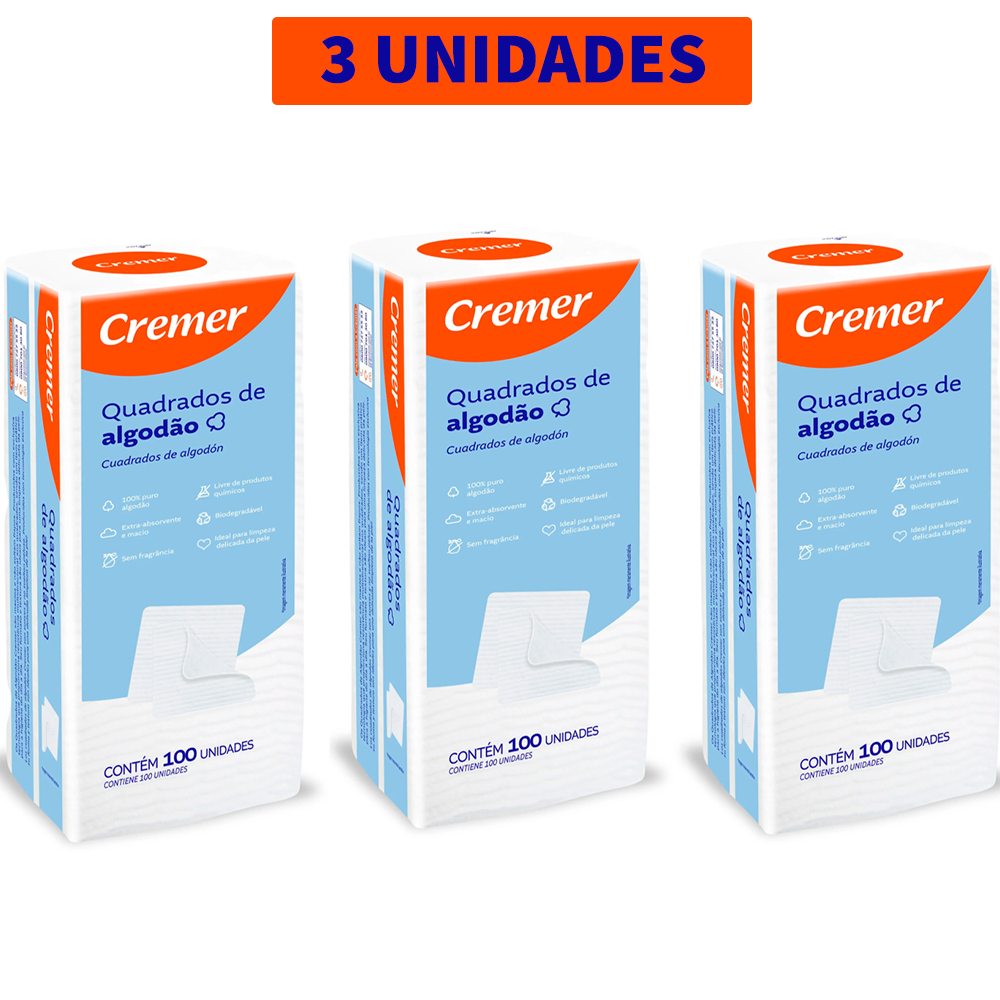 Algodão Quadrado Cremer com 300 Unidades Para Limpeza e Higiene do Bebê 100% algodão