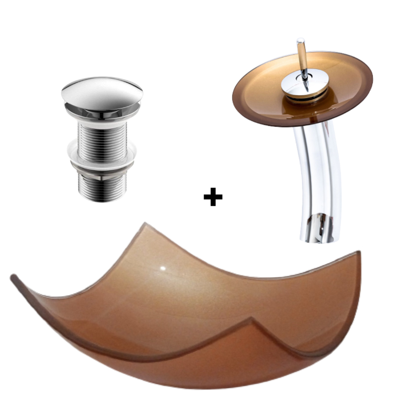 KIT LOPAZZI CUBA DE VIDRO BANHEIRO LAVABO LOTUS + TORNEIRA CASCATA MONOCOMANDO E VÁLVULA CLICK INOX