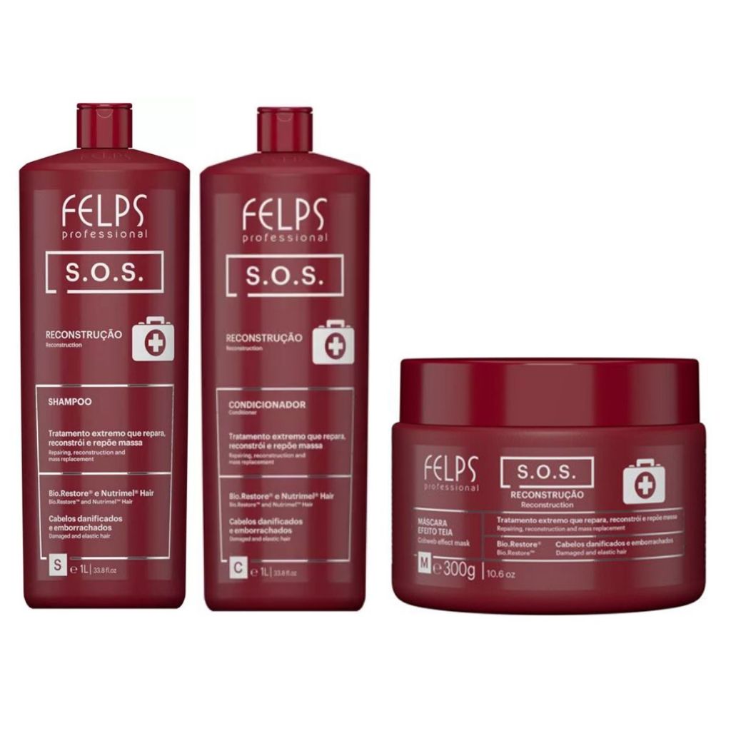 Kit SOS Shampoo 1Litro + Condicionador 1Litro + Máscara 300g Felps - Reconstrução Capilar