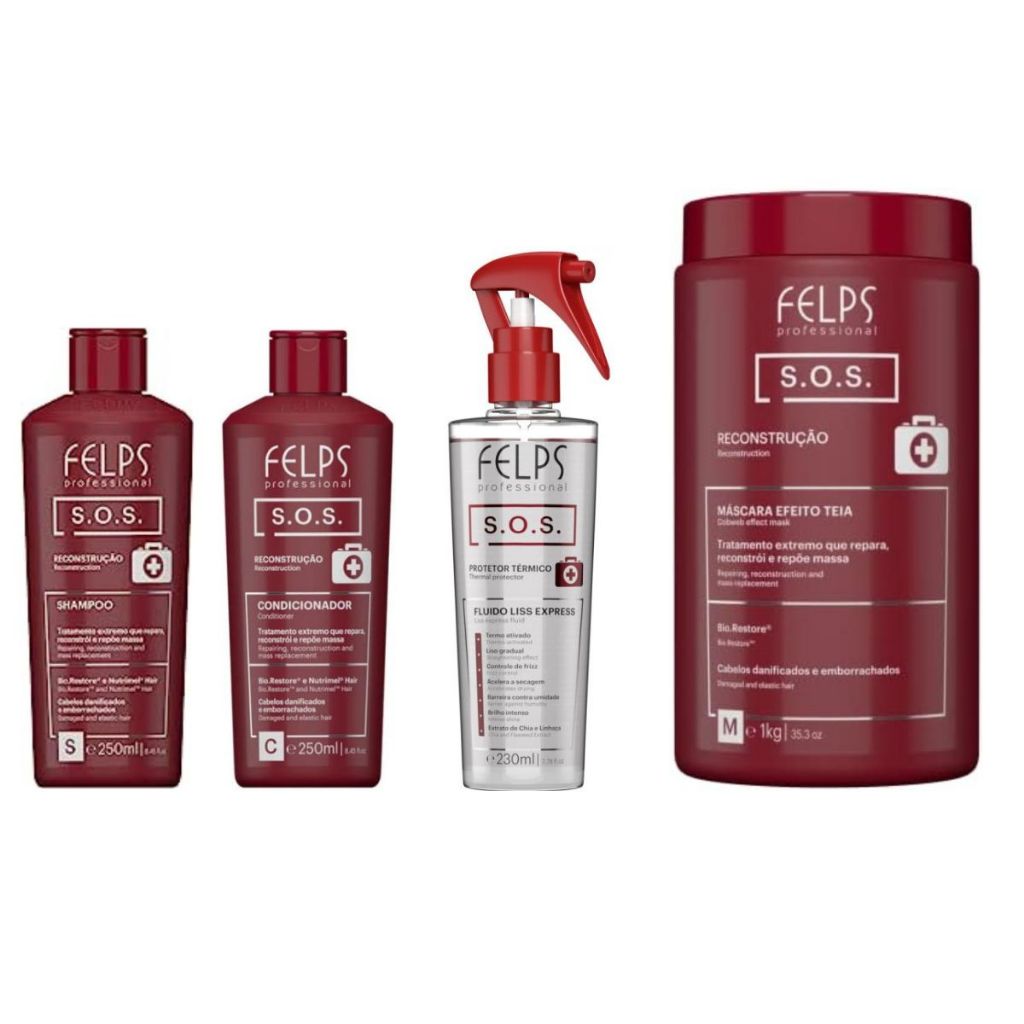 Kit SOS Shampoo 250ml + Condicionador 250ml + Máscara 1Kg + Liss Express 230ml Felps