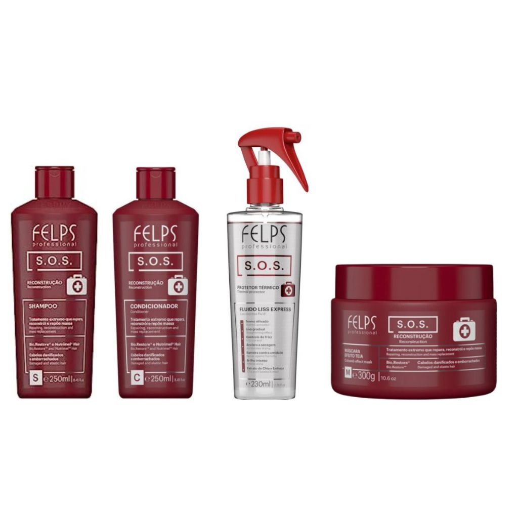 Kit SOS Shampoo 250ml + Condicionador 250ml + Máscara 300g + Liss Express 230ml Felps