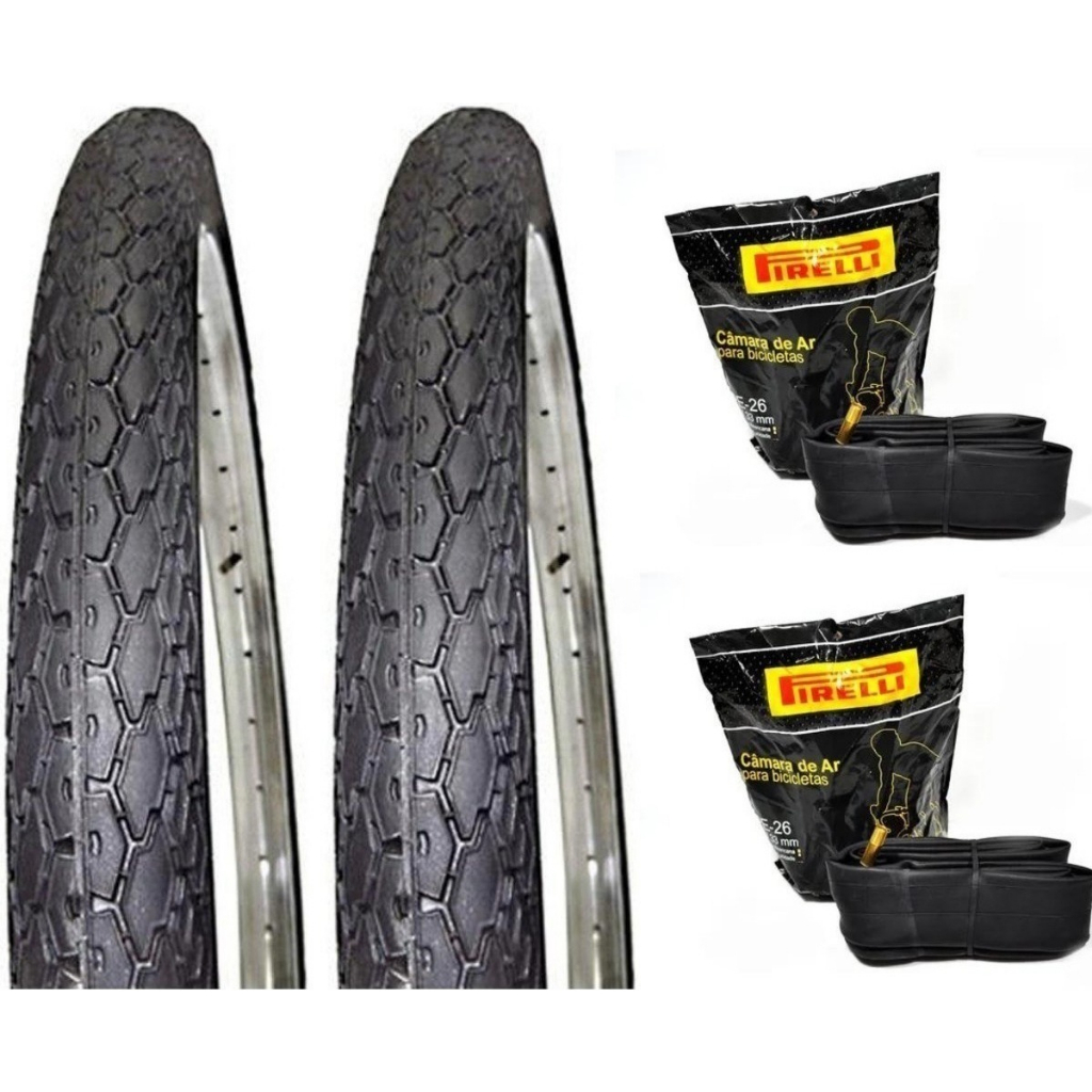 Par 2 Pneu Bicicleta Aro 26x1.1/2x2 Pirelli Manga Turbo Barra Forte Circular Monark Caloi + 2 Camara de ar