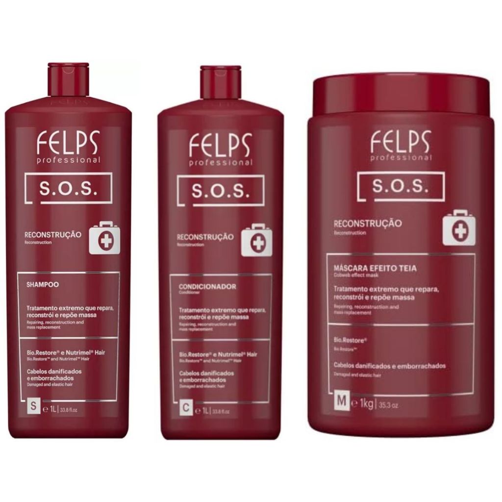 Kit SOS Shampoo 1L + Condicionador 1L + Máscara 1KG Felps - Reconstrução Capilar