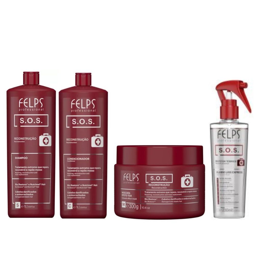 Kit SOS Shampoo 1L + Condicionador 1L + Máscara 300g+Liss Express 230ml Felps -Reconstrução Capilar.