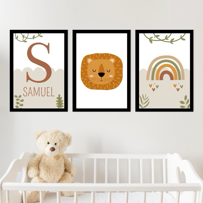 Kit 3 Quadros Decorativos Infantil Personalizado Nome Bebê Para Quarto Ou Porta Maternidade Safari Arco-íris