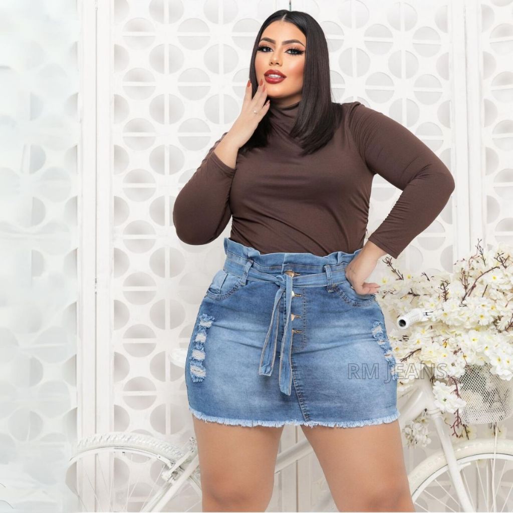 saia jeans feminina plus size com Lycra azul claro cos de babadinho em Oferta na Shopee