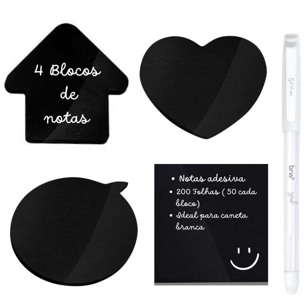 Kit 4 Blocos De Notas Adesivo Preto E Caneta Gel Branca