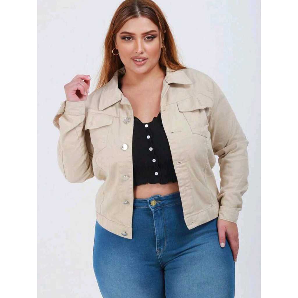 Jaqueta Jeans Feminina Plus Size com Bolso e Barra Branco, Bege e Preto Moda Outono Inverno em Oferta na Shopee