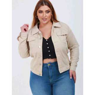 Jaqueta Jeans Feminina Plus Size com Bolso e Barra Branco, Bege e Preto Moda Outono Inverno em Oferta na Shopee