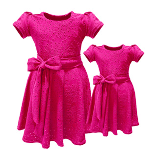 Vestido Mãe E Filha Malha Laise Manga Curta Faixa Amarrar em Oferta na Shopee