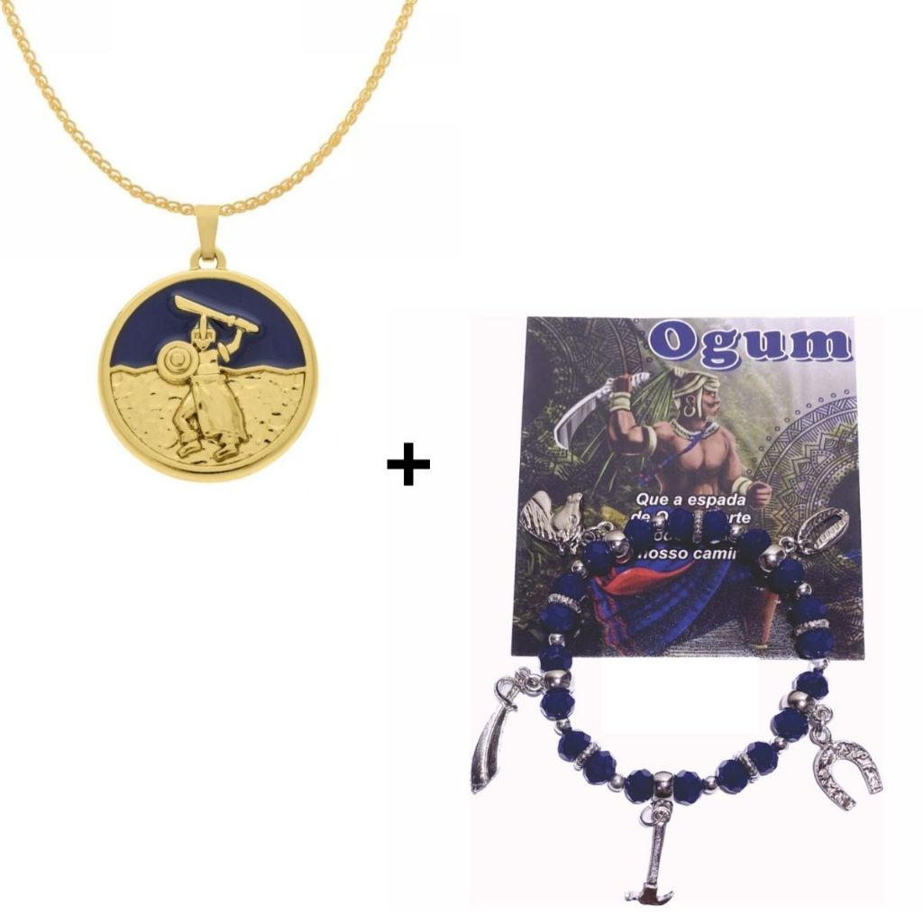 Kit Presente - Pingente Ogum banhado a ouro com colar + Pulseira com pingentes | Orixá Entidade | Umbanda Candomblé