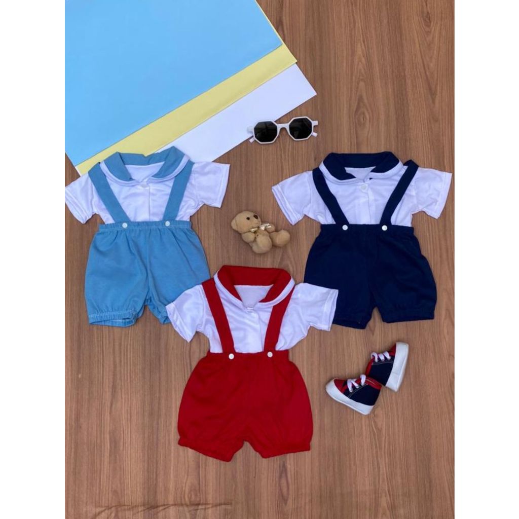 Kit 3 Jardineiras shorts com blusinha bebê recém-nascido 0-3 meses 6 peças príncipe em Oferta na Shopee