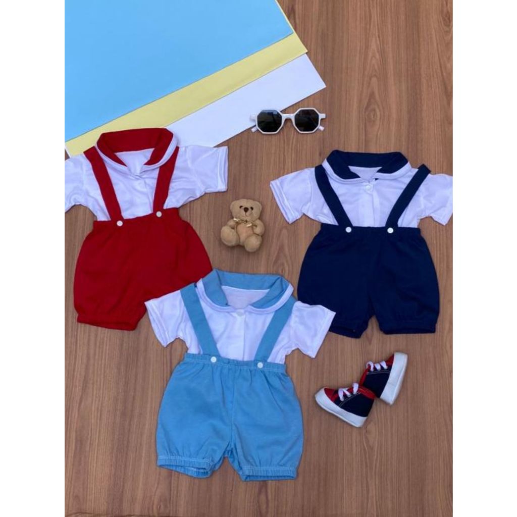 Kit 2 Jardineiras shorts com blusinha bebê recém-nascido 0-3 meses 4 peças príncipe