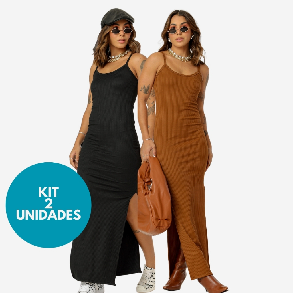 KIT 2 Vestido Canelado Longo com Fenda Lateral de Alcinha Varias Cores