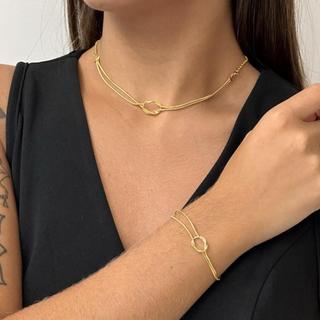 Colar e Pulseira Duplo Nó Banhado a Ouro 18k