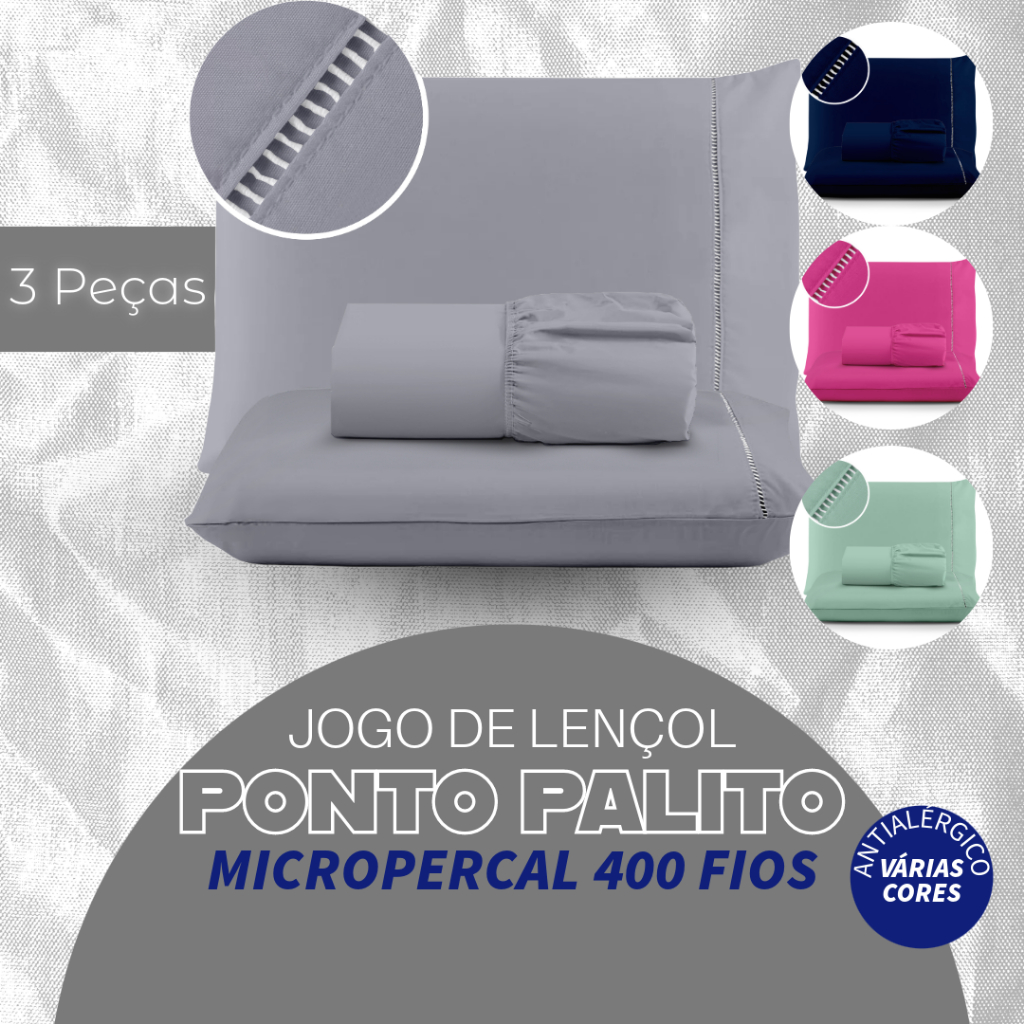 Kit Jogo Lençol Cama Box Casal Queen Size 400 fios Micropercal 03 Peças Ponto Palito