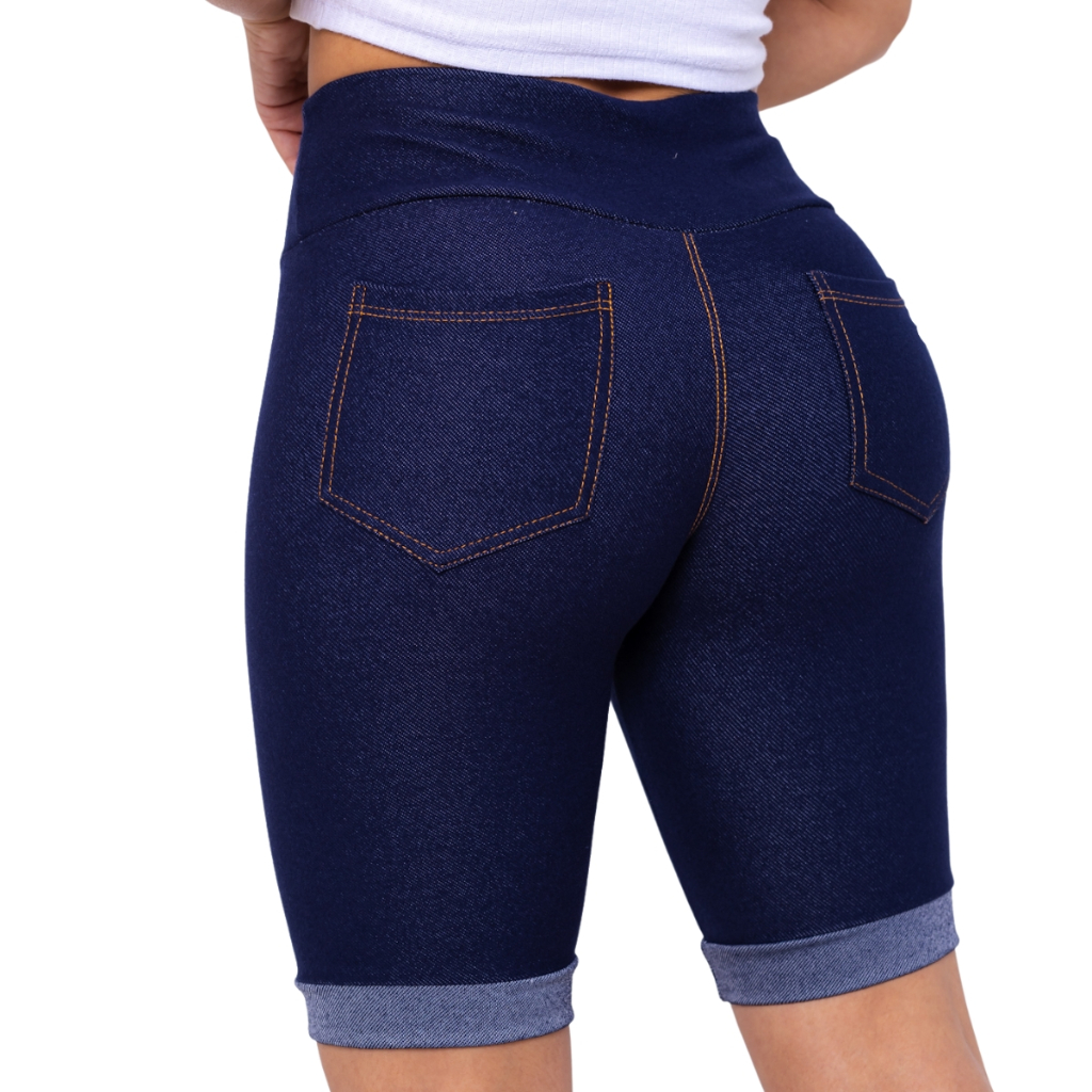 Shorts Jeans  Feminino Cintura Alta Bermuda Detalhe na Perna com Bolso Cotton Jeans Fake em Oferta na Shopee