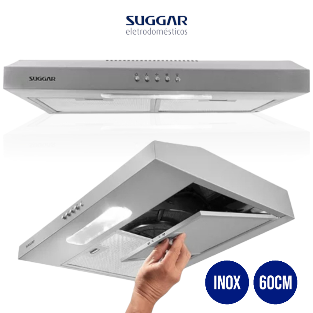 Depurador de Ar Suggar 60cm Slim Cozinha 110v DPS161IX Inox Função Coifa com 3 Velocidades Lampada Tela Aluminio 127v