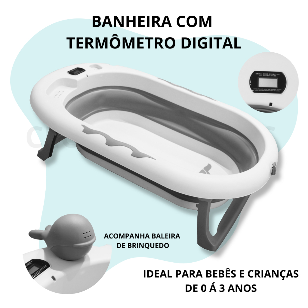 banheira para banho bebe retrátil dobrável flexível com termômetro medi a temperatura da agua